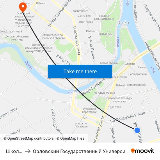 Школа №26 to Орловский Государственный Университет. Медицинский Институт map