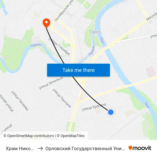 Храм Николы На Песках to Орловский Государственный Университет. Медицинский Институт map