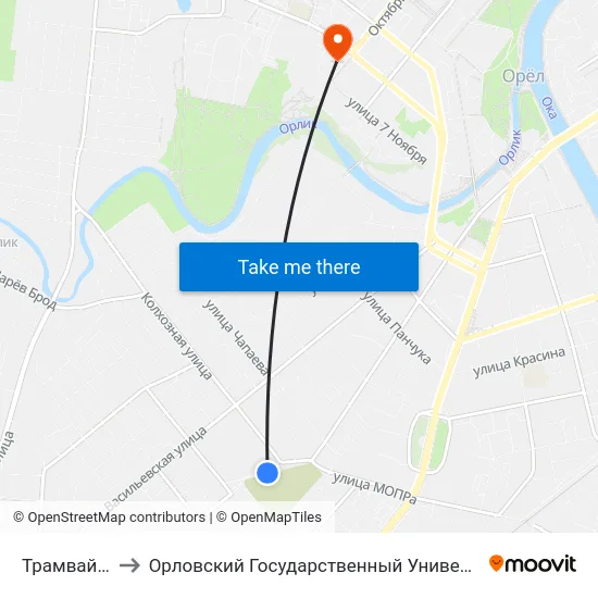 Трамвайное Депо to Орловский Государственный Университет. Медицинский Институт map