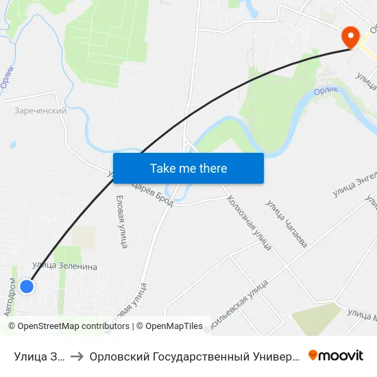 Улица Зеленина to Орловский Государственный Университет. Медицинский Институт map