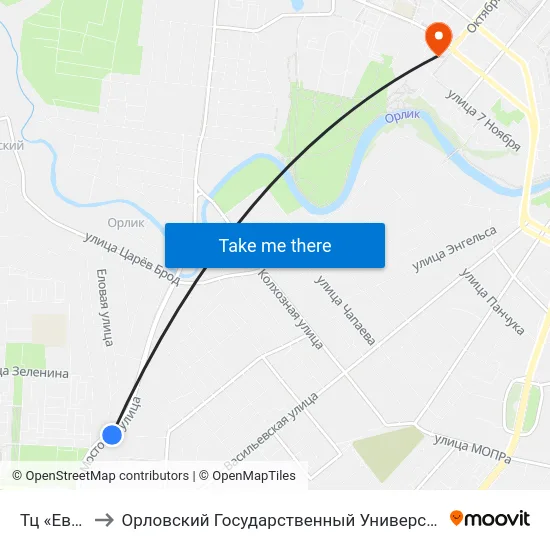 Тц «Европа-2» to Орловский Государственный Университет. Медицинский Институт map