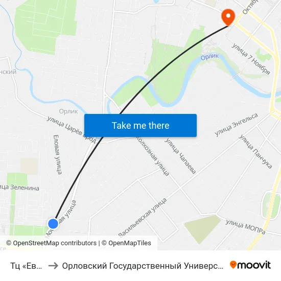 Тц «Европа-2» to Орловский Государственный Университет. Медицинский Институт map