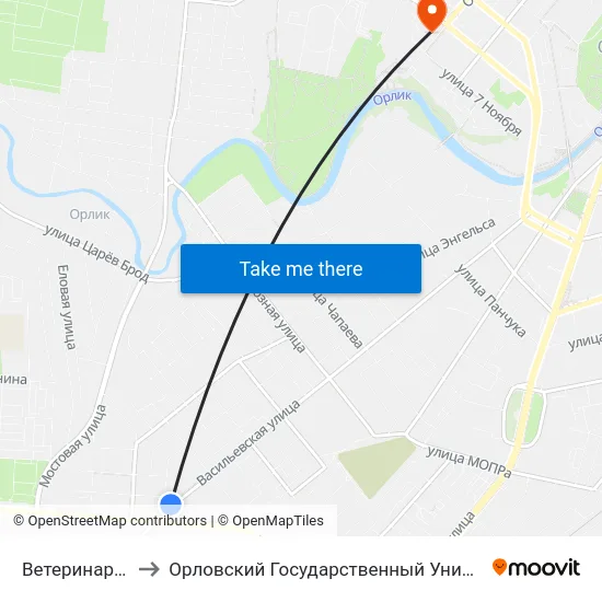 Ветеринарная Клиника to Орловский Государственный Университет. Медицинский Институт map