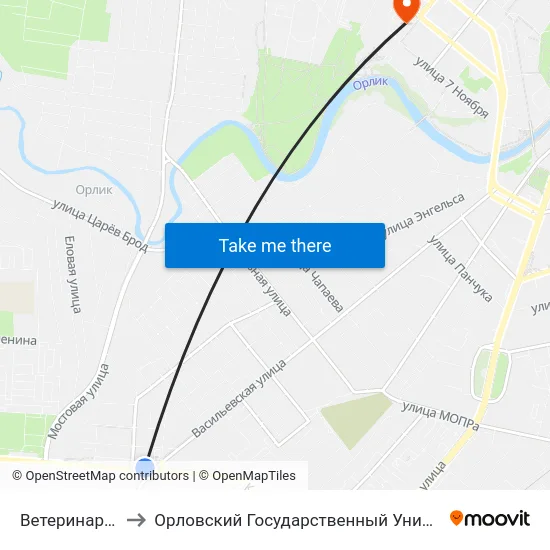 Ветеринарная Клиника to Орловский Государственный Университет. Медицинский Институт map