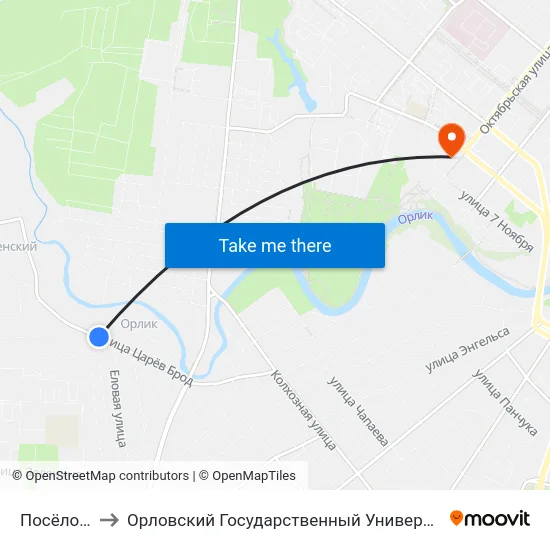 Посёлок Орлик to Орловский Государственный Университет. Медицинский Институт map