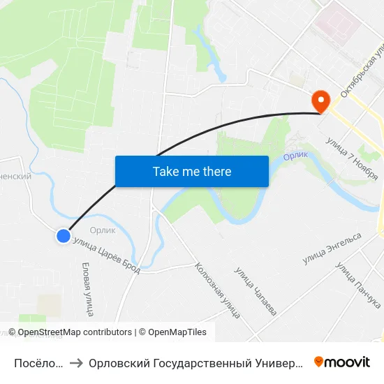 Посёлок Орлик to Орловский Государственный Университет. Медицинский Институт map