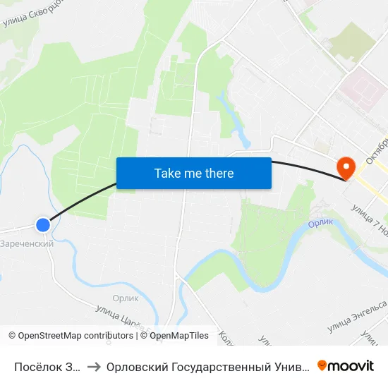 Посёлок Зареченский to Орловский Государственный Университет. Медицинский Институт map
