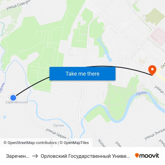 Зареченская Пмк to Орловский Государственный Университет. Медицинский Институт map
