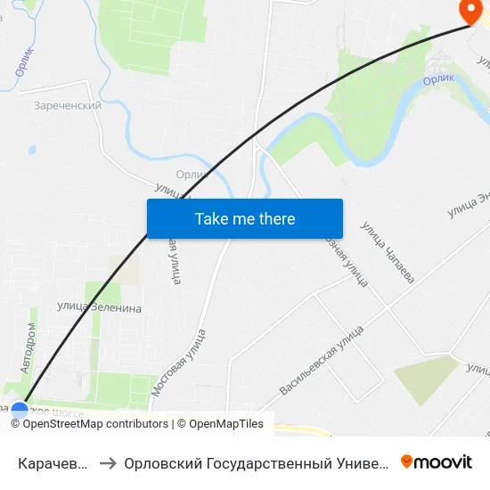 Карачевские Дачи to Орловский Государственный Университет. Медицинский Институт map