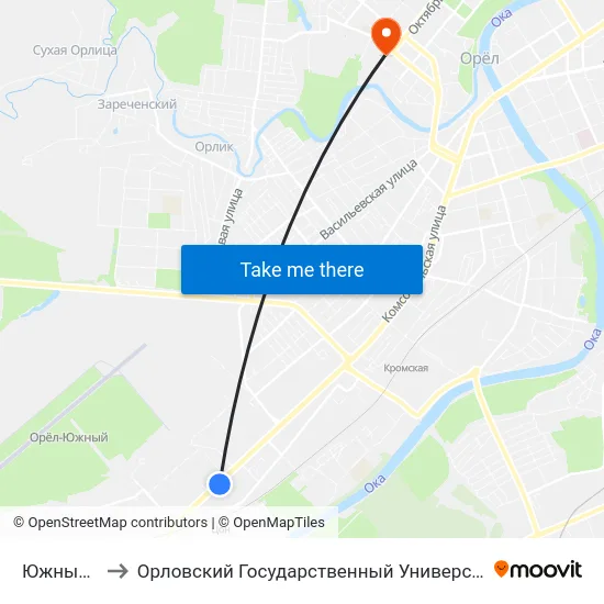 Южный Рынок to Орловский Государственный Университет. Медицинский Институт map