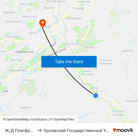 Ж/Д Платформа «Пилатовка» to Орловский Государственный Университет. Медицинский Институт map