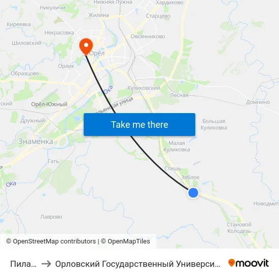 Пилатовка to Орловский Государственный Университет. Медицинский Институт map