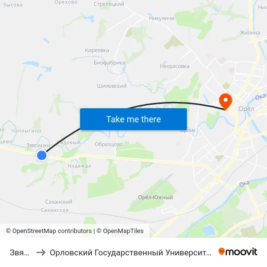Звягинки to Орловский Государственный Университет. Медицинский Институт map