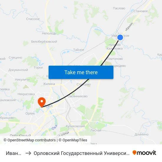 Ивановское to Орловский Государственный Университет. Медицинский Институт map