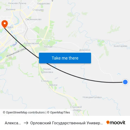 Александровка to Орловский Государственный Университет. Медицинский Институт map