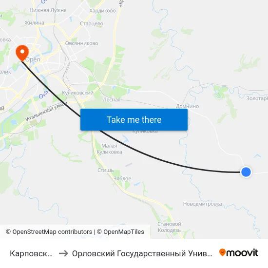 Карповский Поворот to Орловский Государственный Университет. Медицинский Институт map