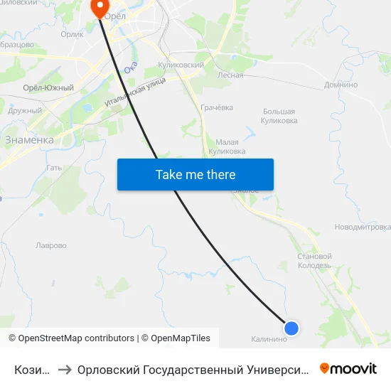 Козиновка to Орловский Государственный Университет. Медицинский Институт map
