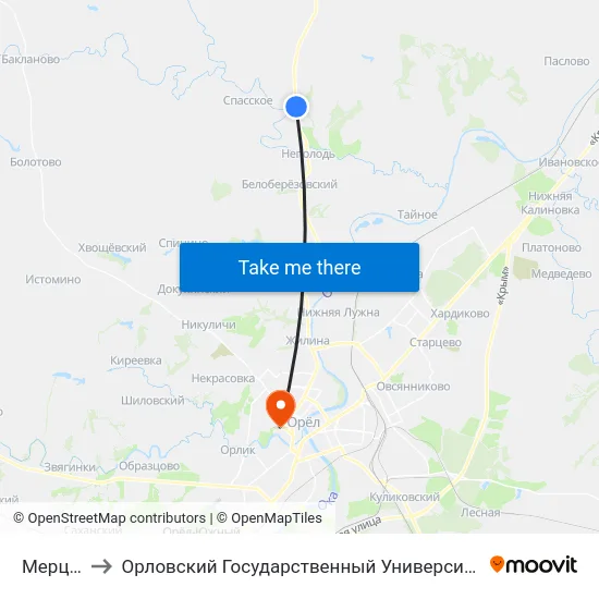 Мерцалово to Орловский Государственный Университет. Медицинский Институт map