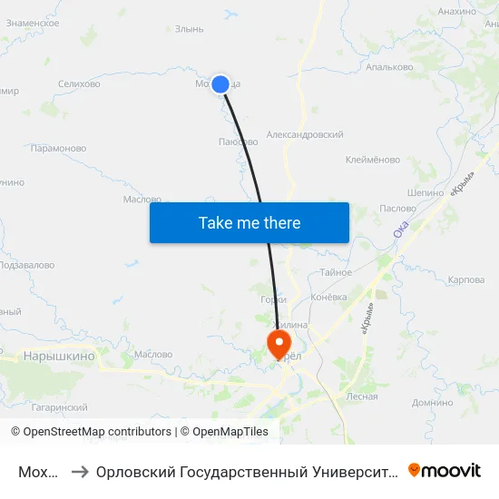 Моховица to Орловский Государственный Университет. Медицинский Институт map