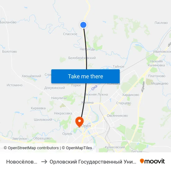 Новосёловский Поворот to Орловский Государственный Университет. Медицинский Институт map