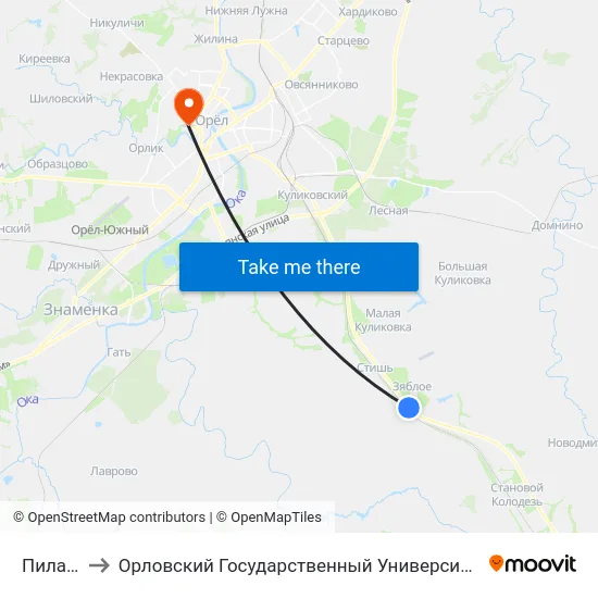 Пилатовка to Орловский Государственный Университет. Медицинский Институт map
