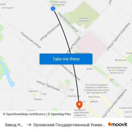 Завод Научприбор to Орловский Государственный Университет. Медицинский Институт map