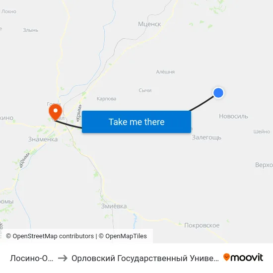 Лосино-Островский to Орловский Государственный Университет. Медицинский Институт map