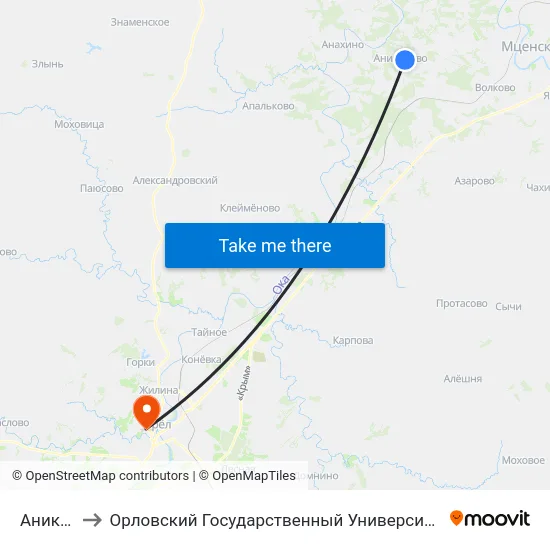 Аниканово to Орловский Государственный Университет. Медицинский Институт map