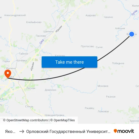 Яковлево to Орловский Государственный Университет. Медицинский Институт map