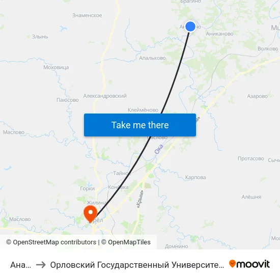 Анахино to Орловский Государственный Университет. Медицинский Институт map