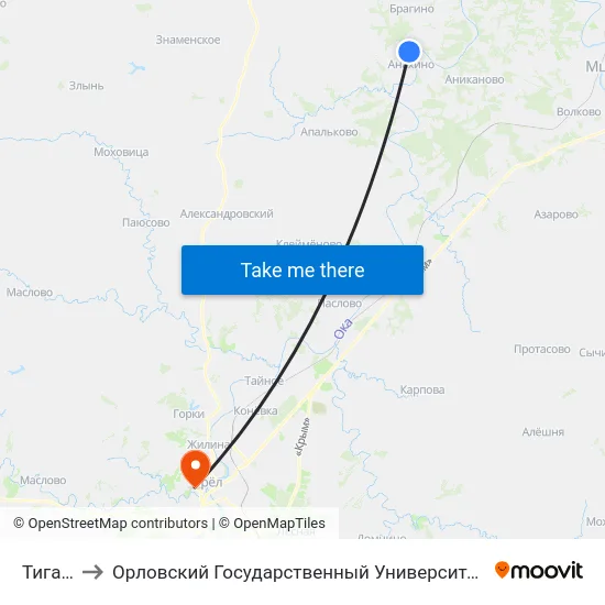 Тиганово to Орловский Государственный Университет. Медицинский Институт map