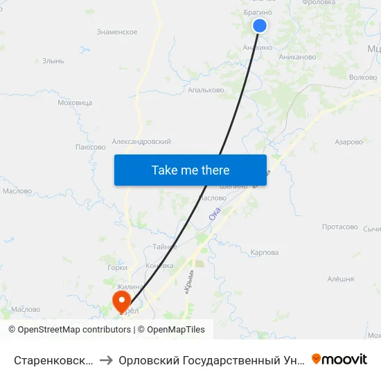 Старенковский Перекрёсток to Орловский Государственный Университет. Медицинский Институт map