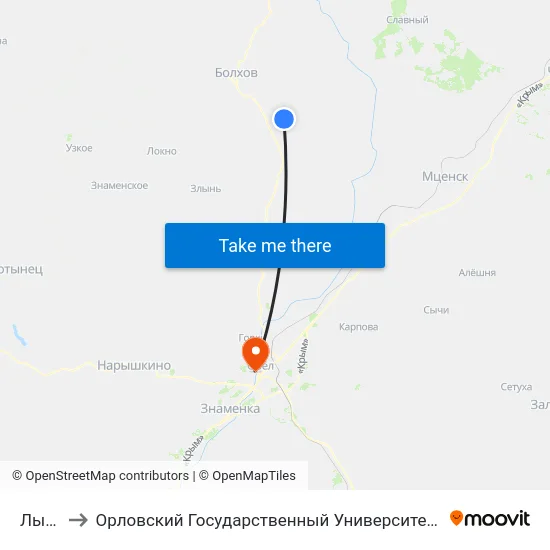 Лыкова to Орловский Государственный Университет. Медицинский Институт map