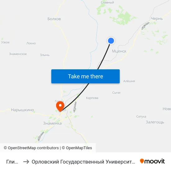 Глинское to Орловский Государственный Университет. Медицинский Институт map