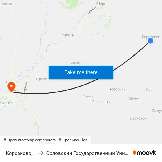 Корсаково, Подстанция to Орловский Государственный Университет. Медицинский Институт map