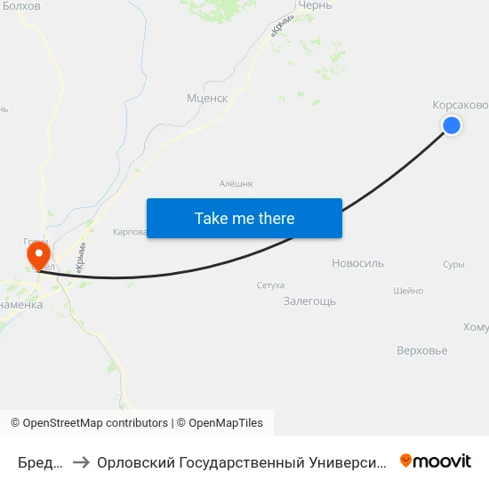 Бредихино to Орловский Государственный Университет. Медицинский Институт map