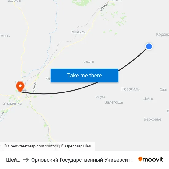 Шейново to Орловский Государственный Университет. Медицинский Институт map