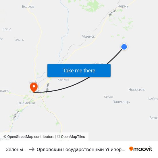Зелёный Дубок to Орловский Государственный Университет. Медицинский Институт map