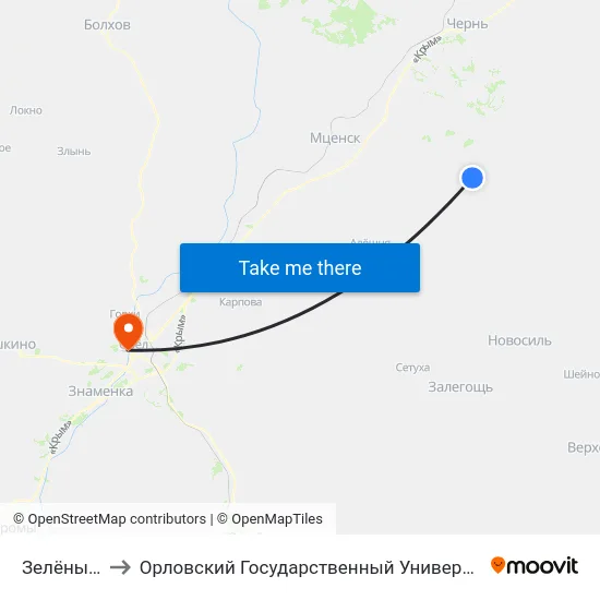 Зелёный Дубок to Орловский Государственный Университет. Медицинский Институт map