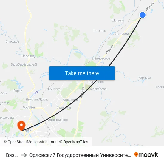 Вязовая to Орловский Государственный Университет. Медицинский Институт map
