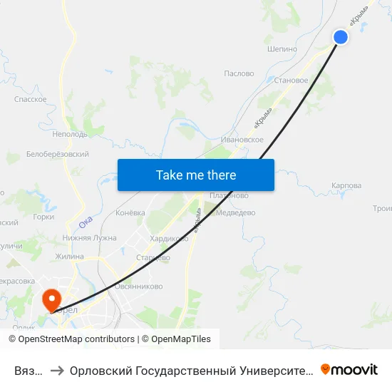 Вязовая to Орловский Государственный Университет. Медицинский Институт map
