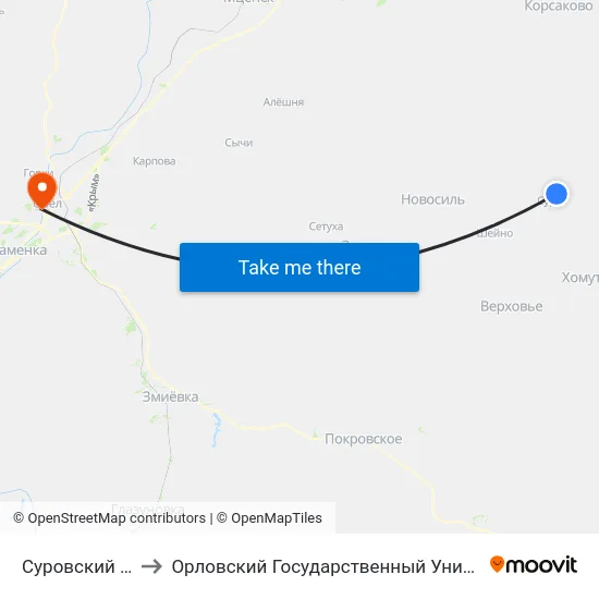 Суровский Перекрёсток to Орловский Государственный Университет. Медицинский Институт map