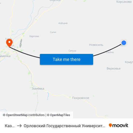 Казинка to Орловский Государственный Университет. Медицинский Институт map