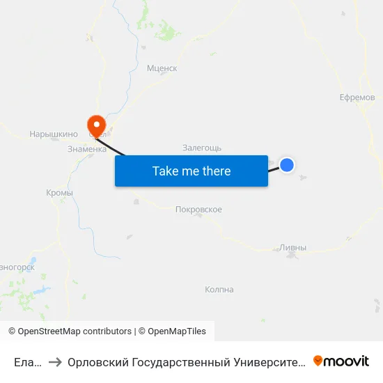 Елагино to Орловский Государственный Университет. Медицинский Институт map