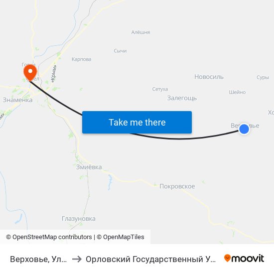 Верховье, Улица Бондаренко to Орловский Государственный Университет. Медицинский Институт map