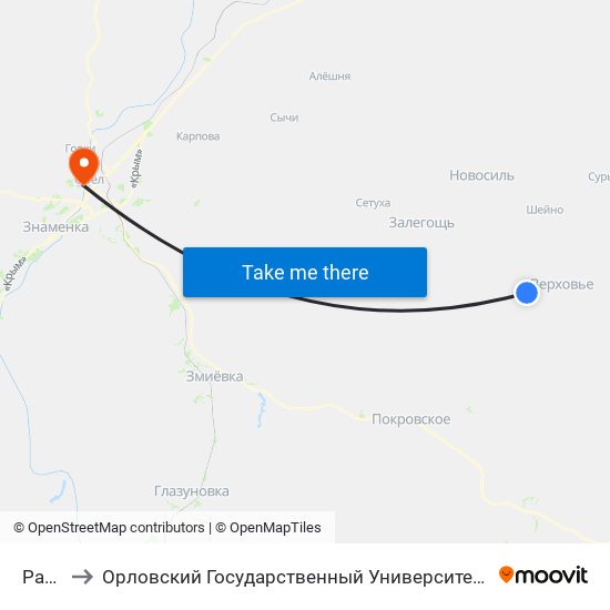 Раевка to Орловский Государственный Университет. Медицинский Институт map