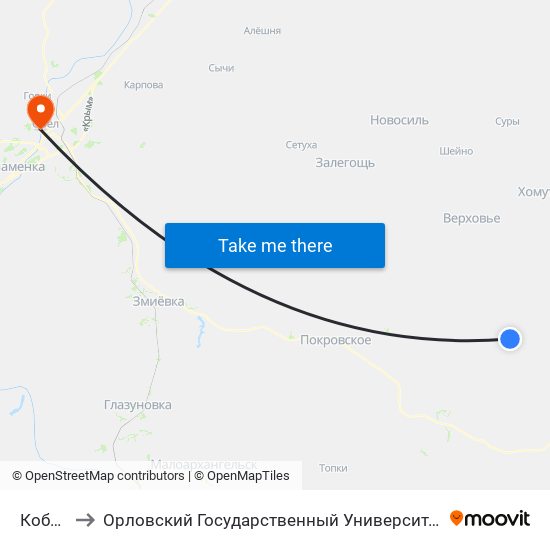 Кобзевка to Орловский Государственный Университет. Медицинский Институт map