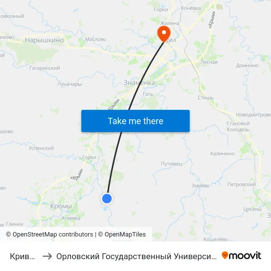 Кривчиково to Орловский Государственный Университет. Медицинский Институт map