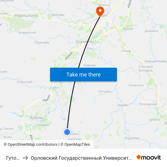 Гуторово to Орловский Государственный Университет. Медицинский Институт map
