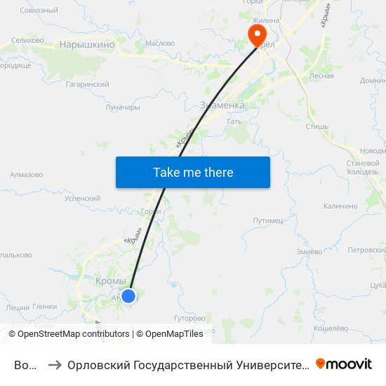 Вожово to Орловский Государственный Университет. Медицинский Институт map